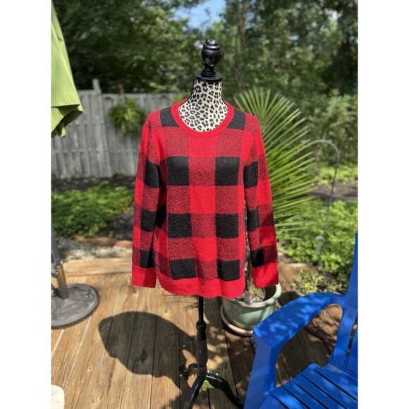 Old Navy Buffalo Plaid Sweater Women Size Large Red Black Long Sleeve Holiday - Picture 1 of 9